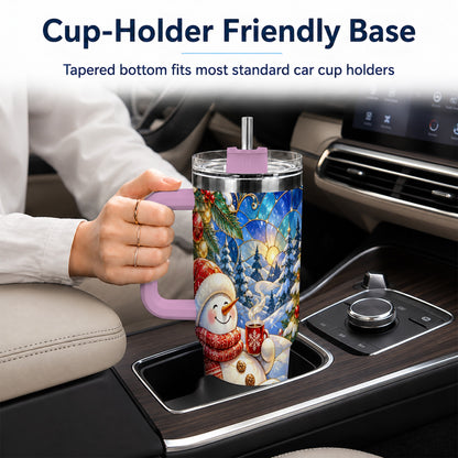 #pl[40oz|Pink] Cozy Snowman 40oz Tumbler with Handle, Christmas Stainless Steel Cup