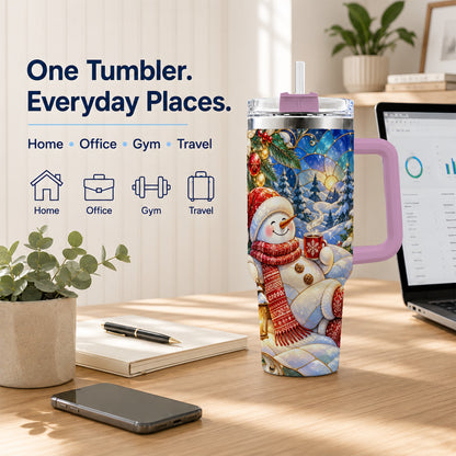 #pl[40oz|Pink] Cozy Snowman 40oz Tumbler with Handle, Christmas Stainless Steel Cup