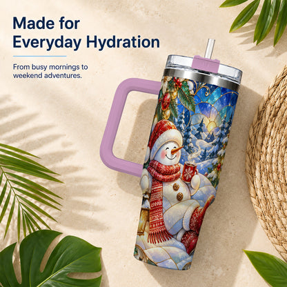 #pl[40oz|Pink] Cozy Snowman 40oz Tumbler with Handle, Christmas Stainless Steel Cup