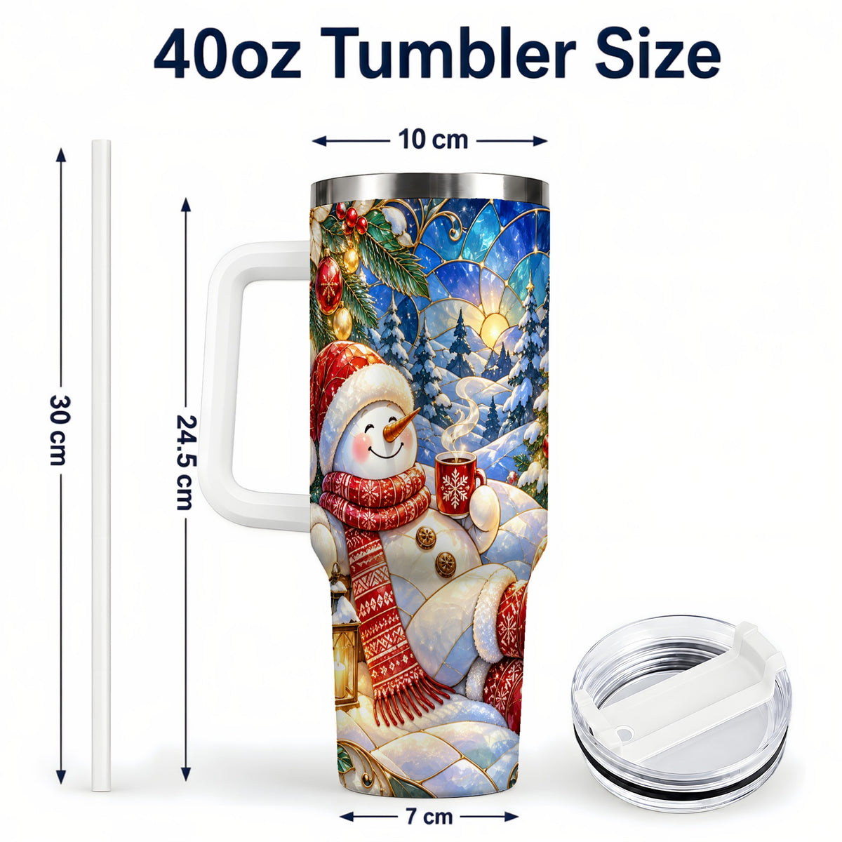 #pl[40oz|White] Cozy Snowman 40oz Tumbler with Handle, Christmas Stainless Steel Cup