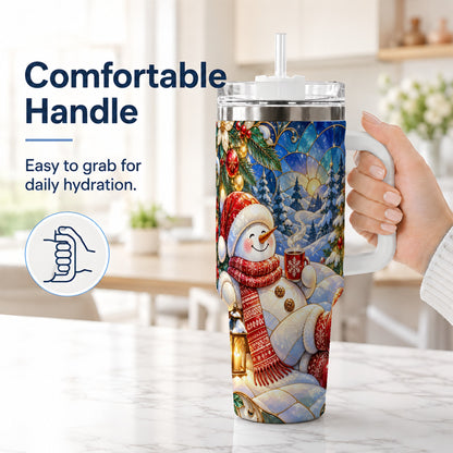 #pl[40oz|White] Cozy Snowman 40oz Tumbler with Handle, Christmas Stainless Steel Cup