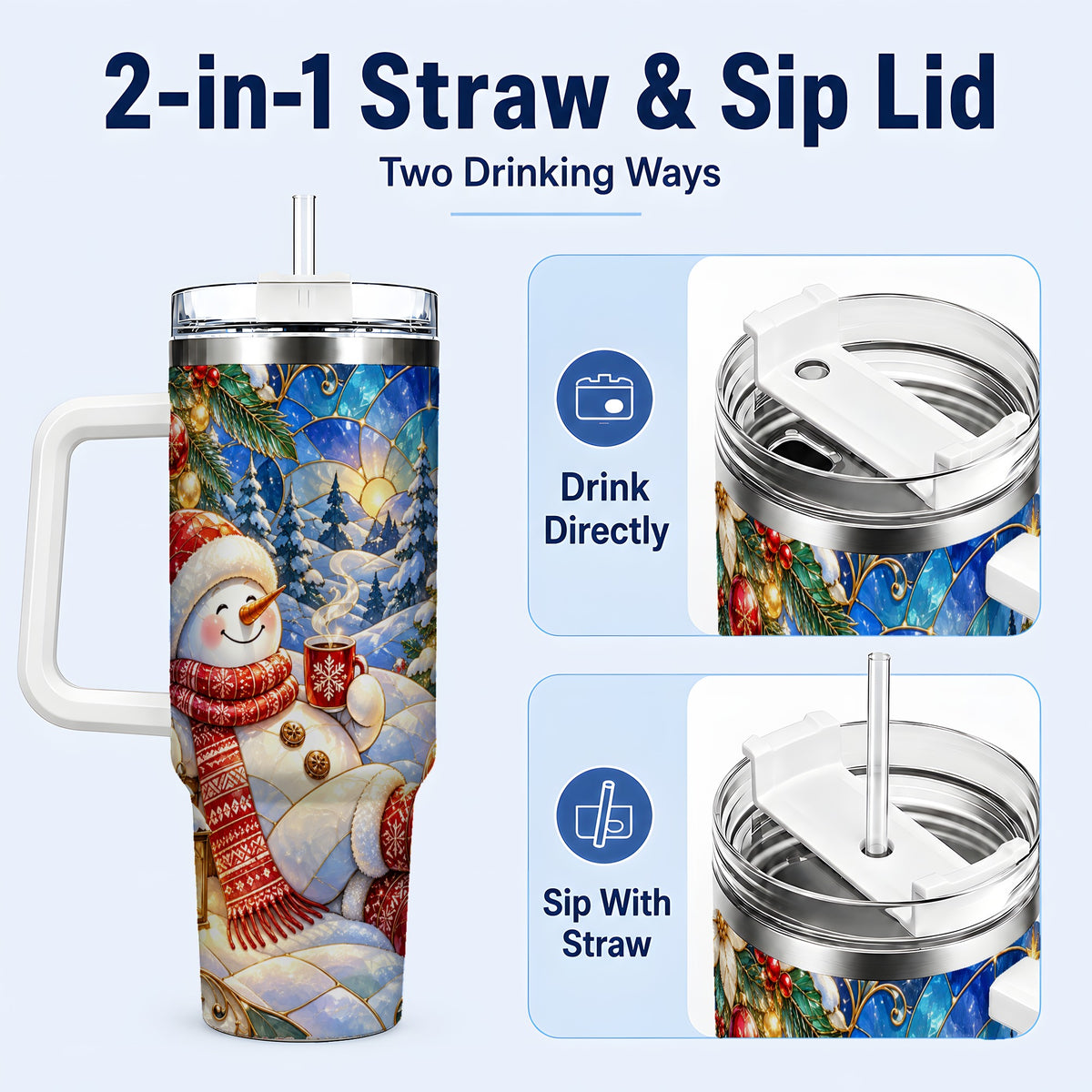 #pl[40oz|White] Cozy Snowman 40oz Tumbler with Handle, Christmas Stainless Steel Cup