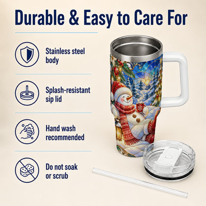 #pl[40oz|White] Cozy Snowman 40oz Tumbler with Handle, Christmas Stainless Steel Cup