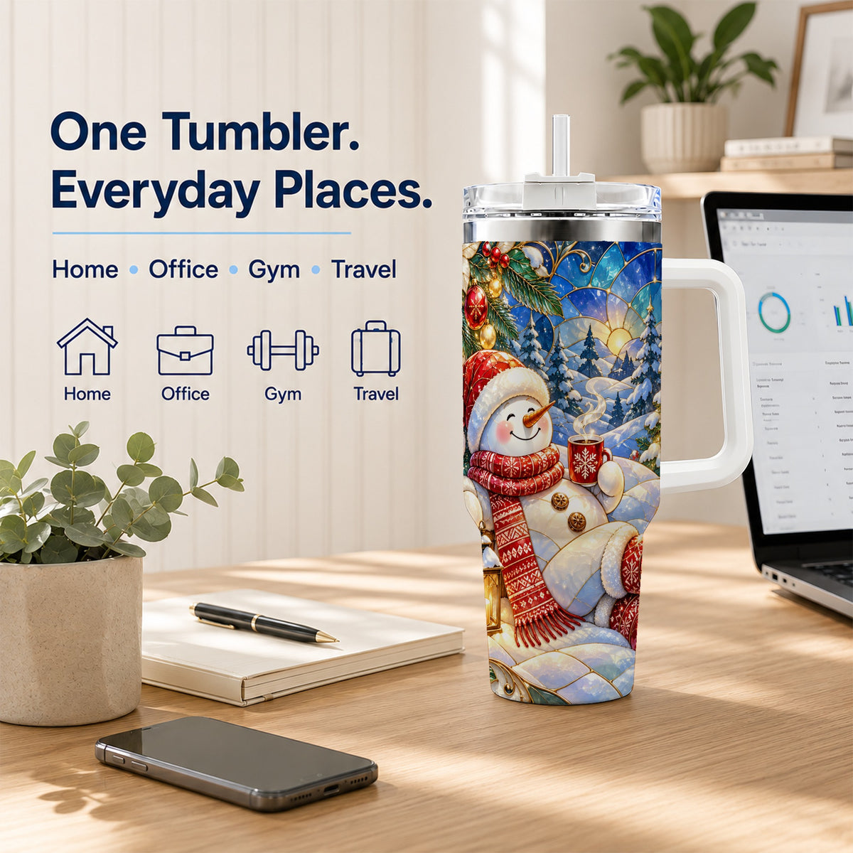 #pl[40oz|White] Cozy Snowman 40oz Tumbler with Handle, Christmas Stainless Steel Cup