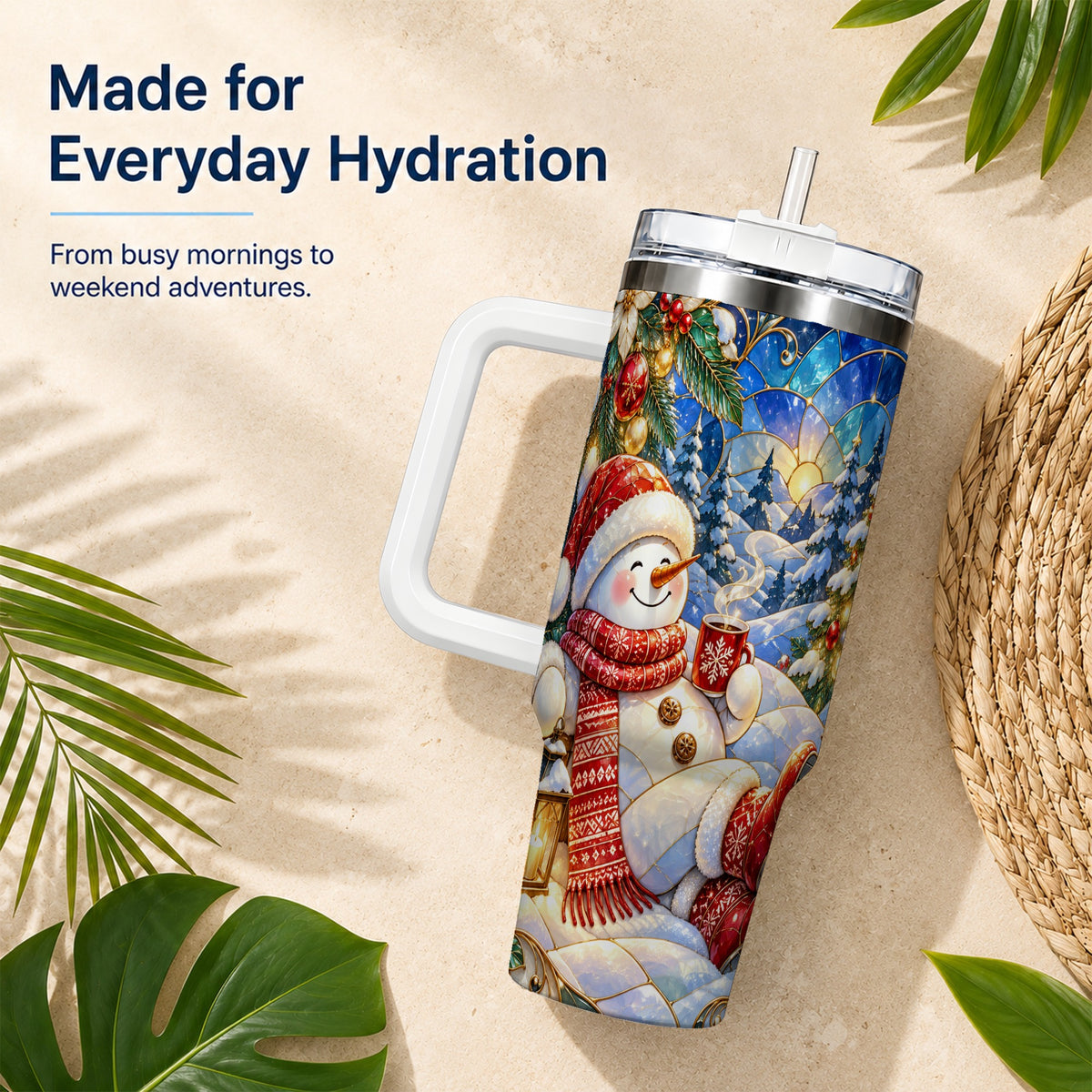 #pl[40oz|White] Cozy Snowman 40oz Tumbler with Handle, Christmas Stainless Steel Cup