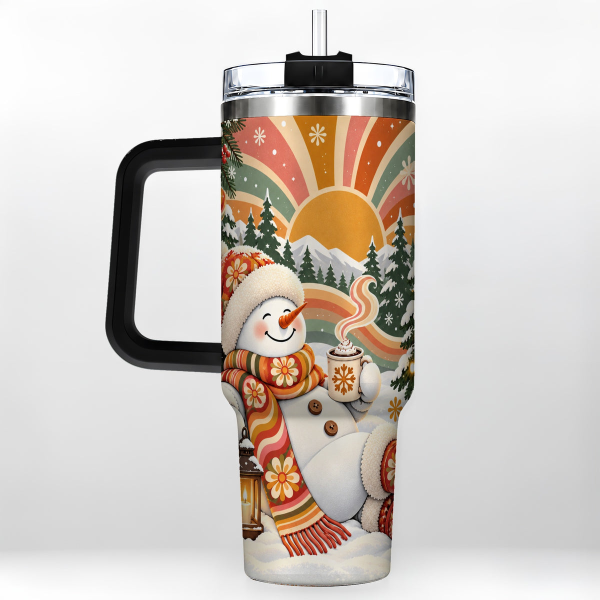 #pl[40oz|Black] Groovy Snowman 40oz Tumbler with Handle, Retro Christmas Travel Cup