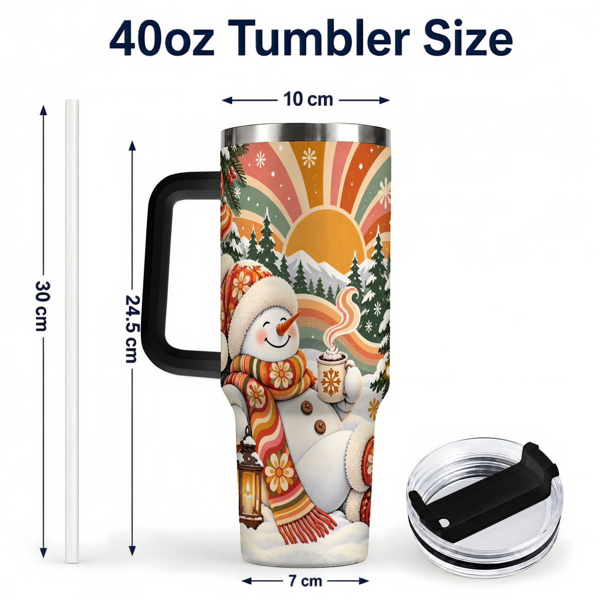 #pl[40oz|Black] Groovy Snowman 40oz Tumbler with Handle, Retro Christmas Travel Cup