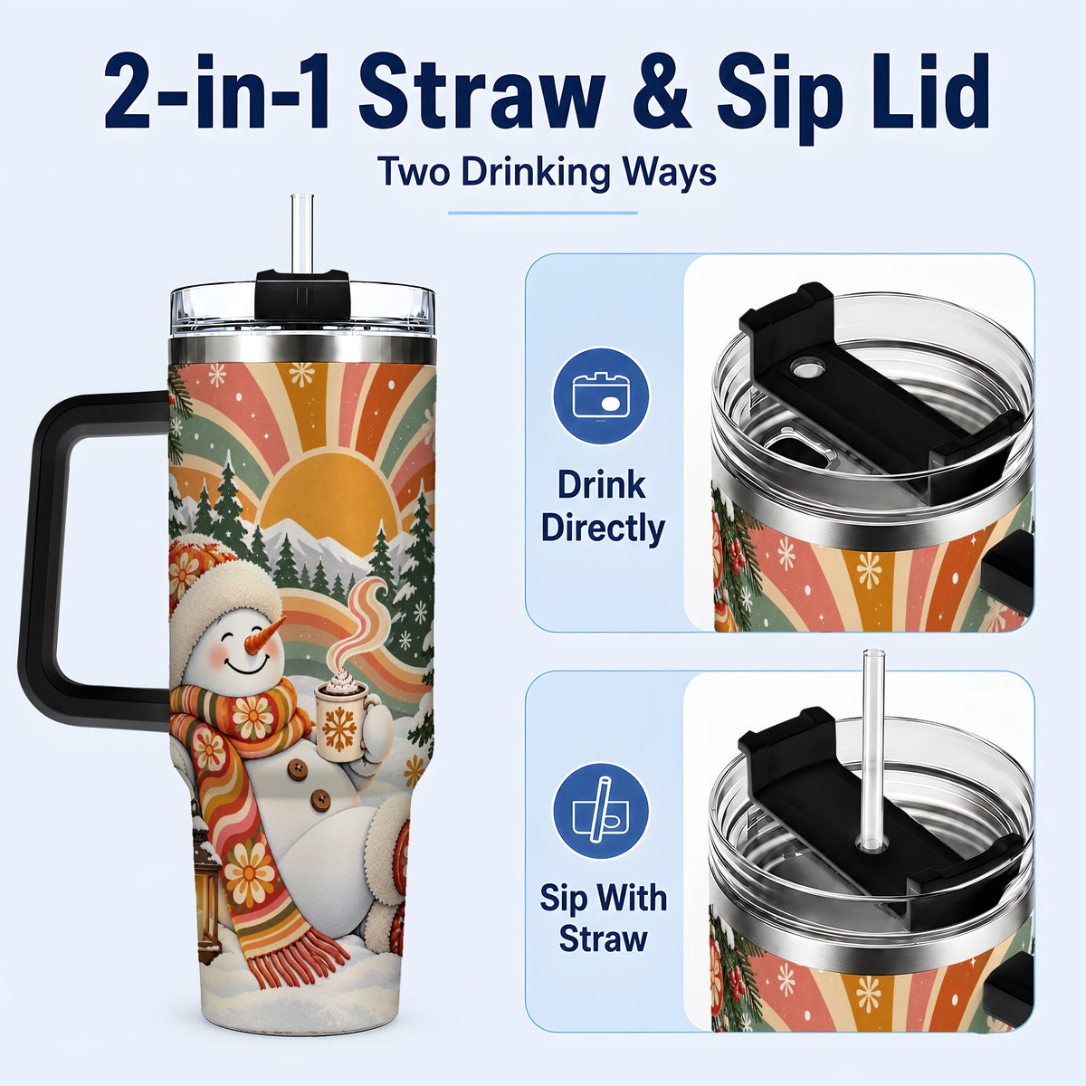 #pl[40oz|Black] Groovy Snowman 40oz Tumbler with Handle, Retro Christmas Travel Cup