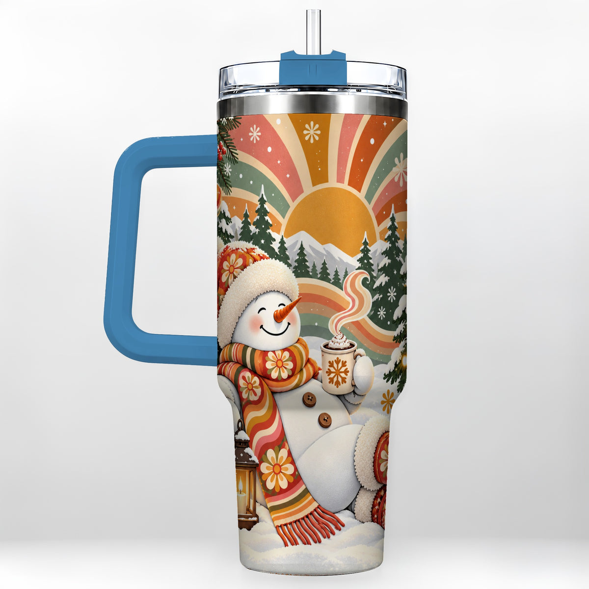 #pl[40oz|Blue] Groovy Snowman 40oz Tumbler with Handle, Retro Christmas Travel Cup