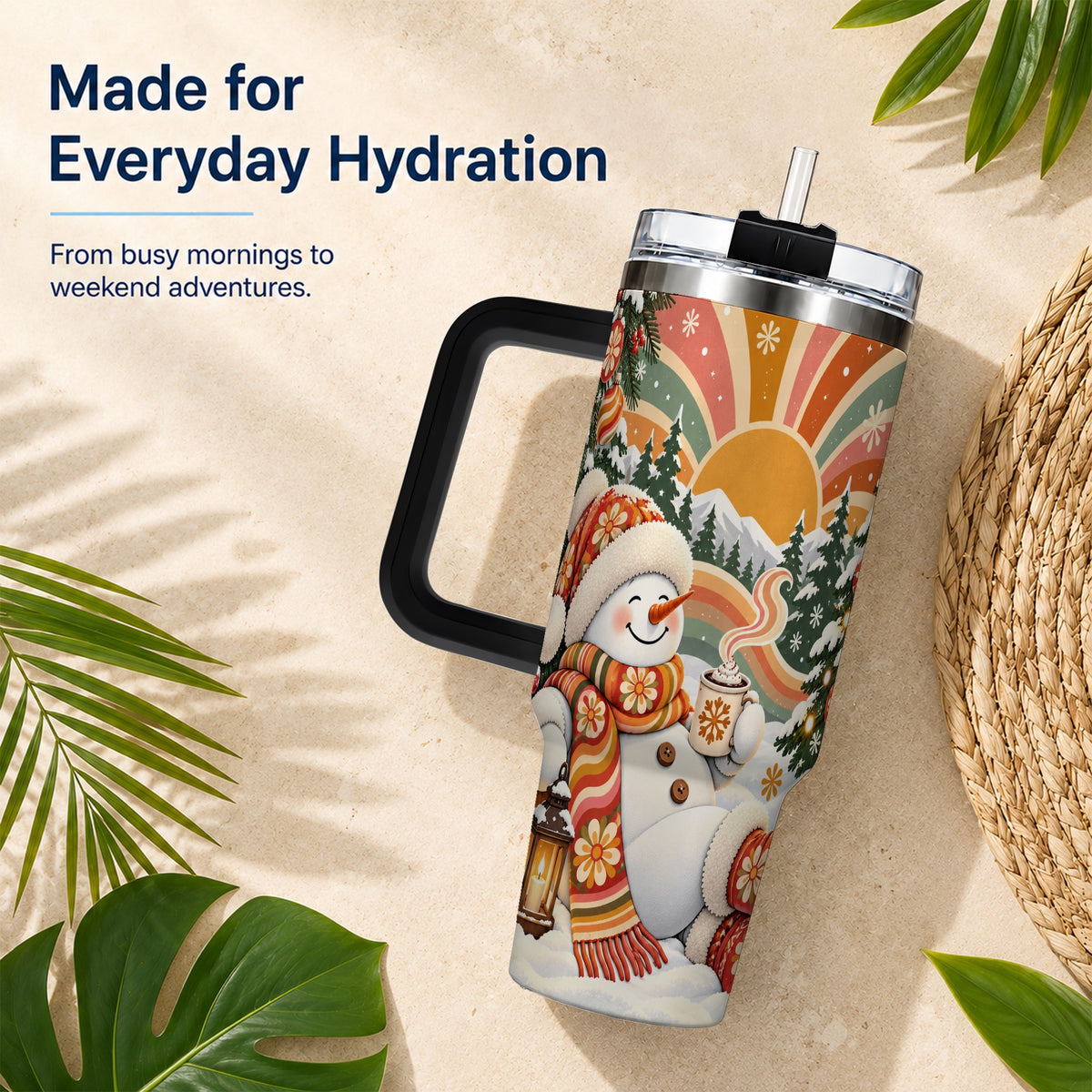 #pl[40oz|Black] Groovy Snowman 40oz Tumbler with Handle, Retro Christmas Travel Cup