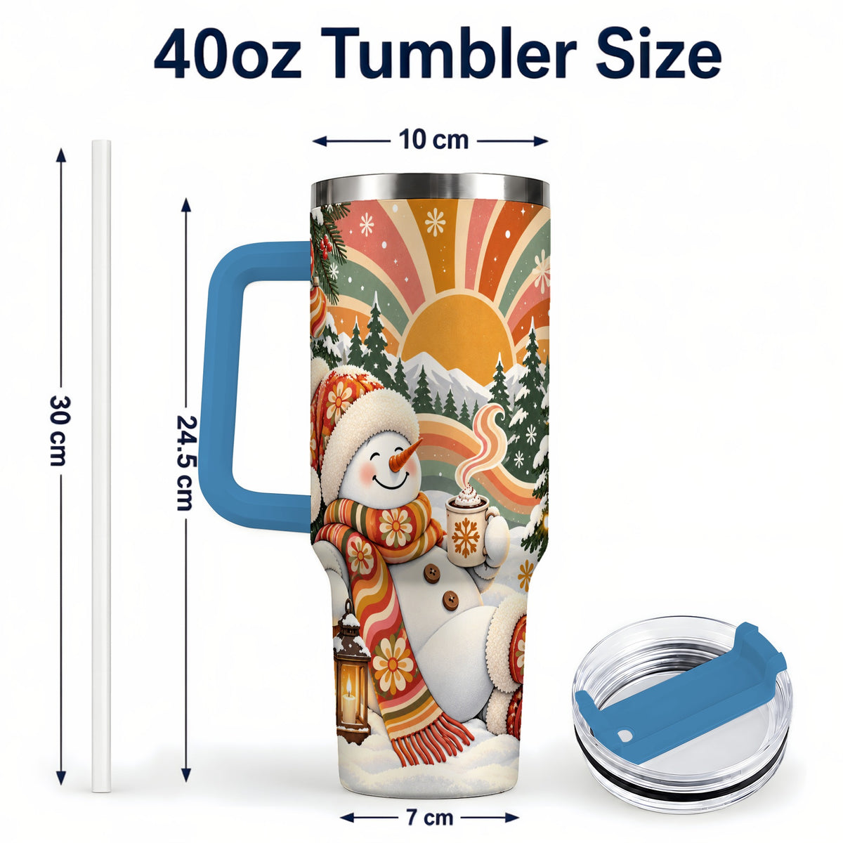 #pl[40oz|Blue] Groovy Snowman 40oz Tumbler with Handle, Retro Christmas Travel Cup