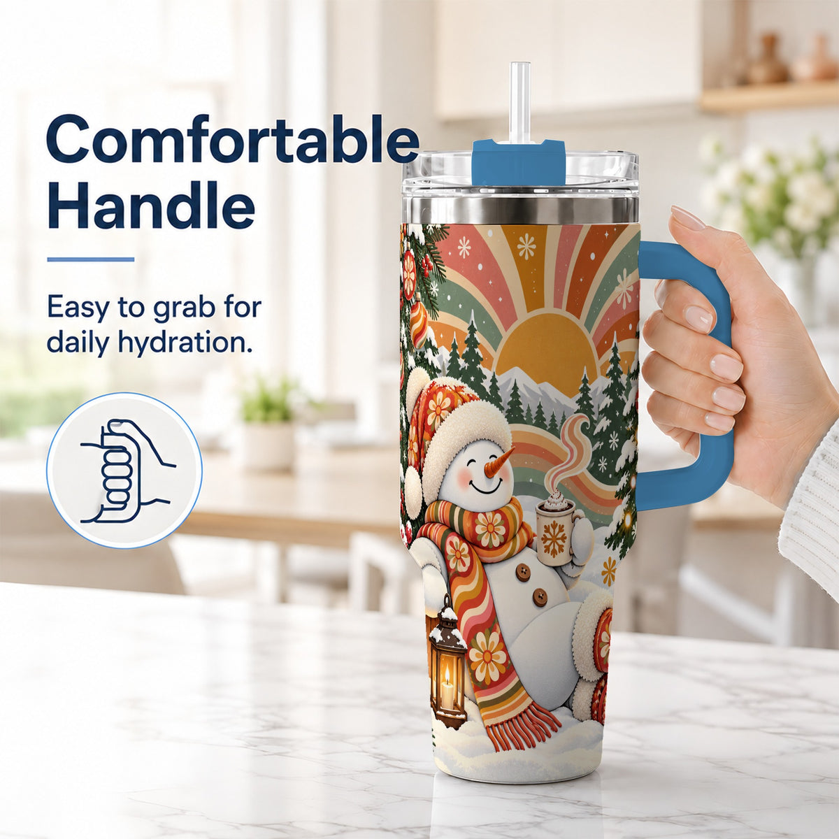 #pl[40oz|Blue] Groovy Snowman 40oz Tumbler with Handle, Retro Christmas Travel Cup