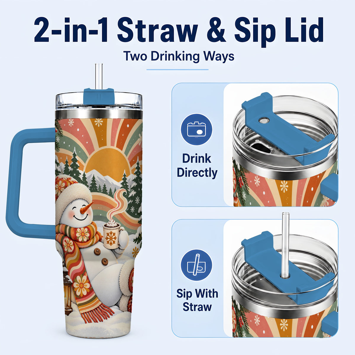 #pl[40oz|Blue] Groovy Snowman 40oz Tumbler with Handle, Retro Christmas Travel Cup