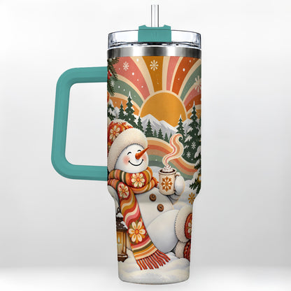 #pl[40oz|Green] Groovy Snowman 40oz Tumbler with Handle, Retro Christmas Travel Cup