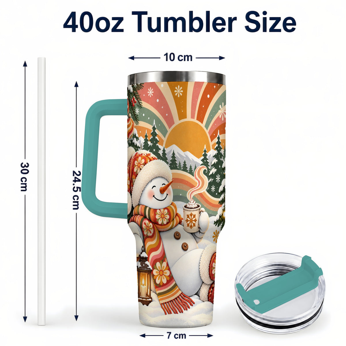 #pl[40oz|Green] Groovy Snowman 40oz Tumbler with Handle, Retro Christmas Travel Cup