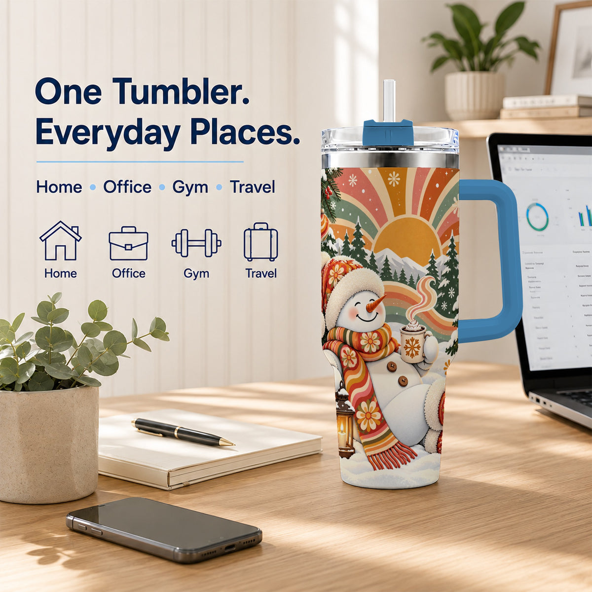 #pl[40oz|Blue] Groovy Snowman 40oz Tumbler with Handle, Retro Christmas Travel Cup