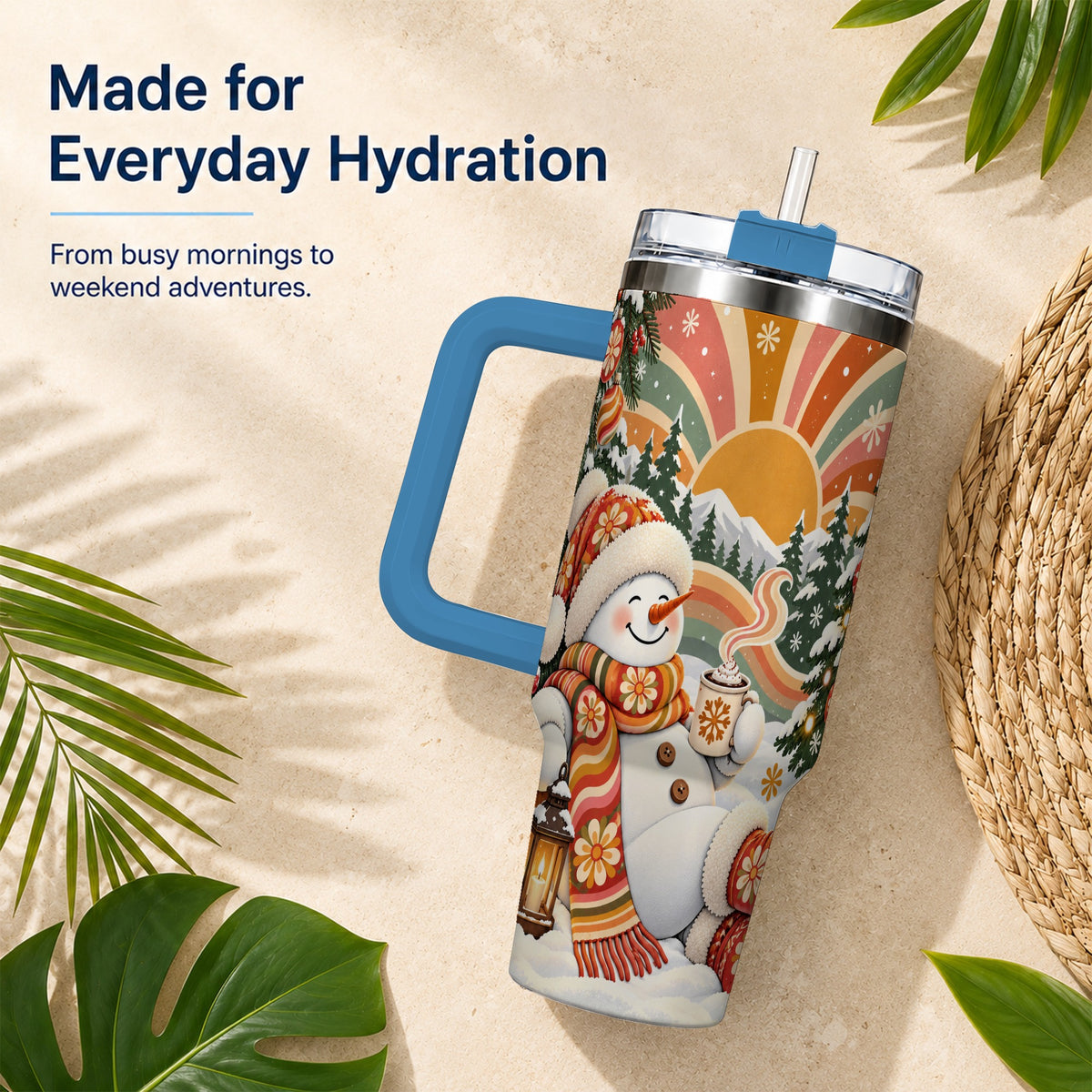 #pl[40oz|Blue] Groovy Snowman 40oz Tumbler with Handle, Retro Christmas Travel Cup
