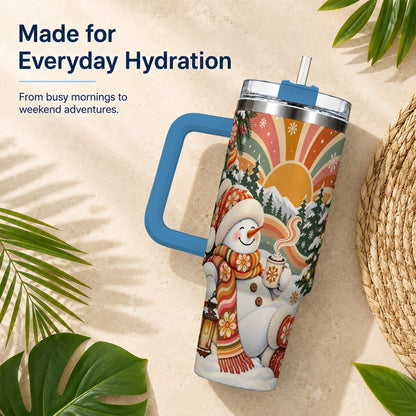 #pl[40oz|Blue] Groovy Snowman 40oz Tumbler with Handle, Retro Christmas Travel Cup