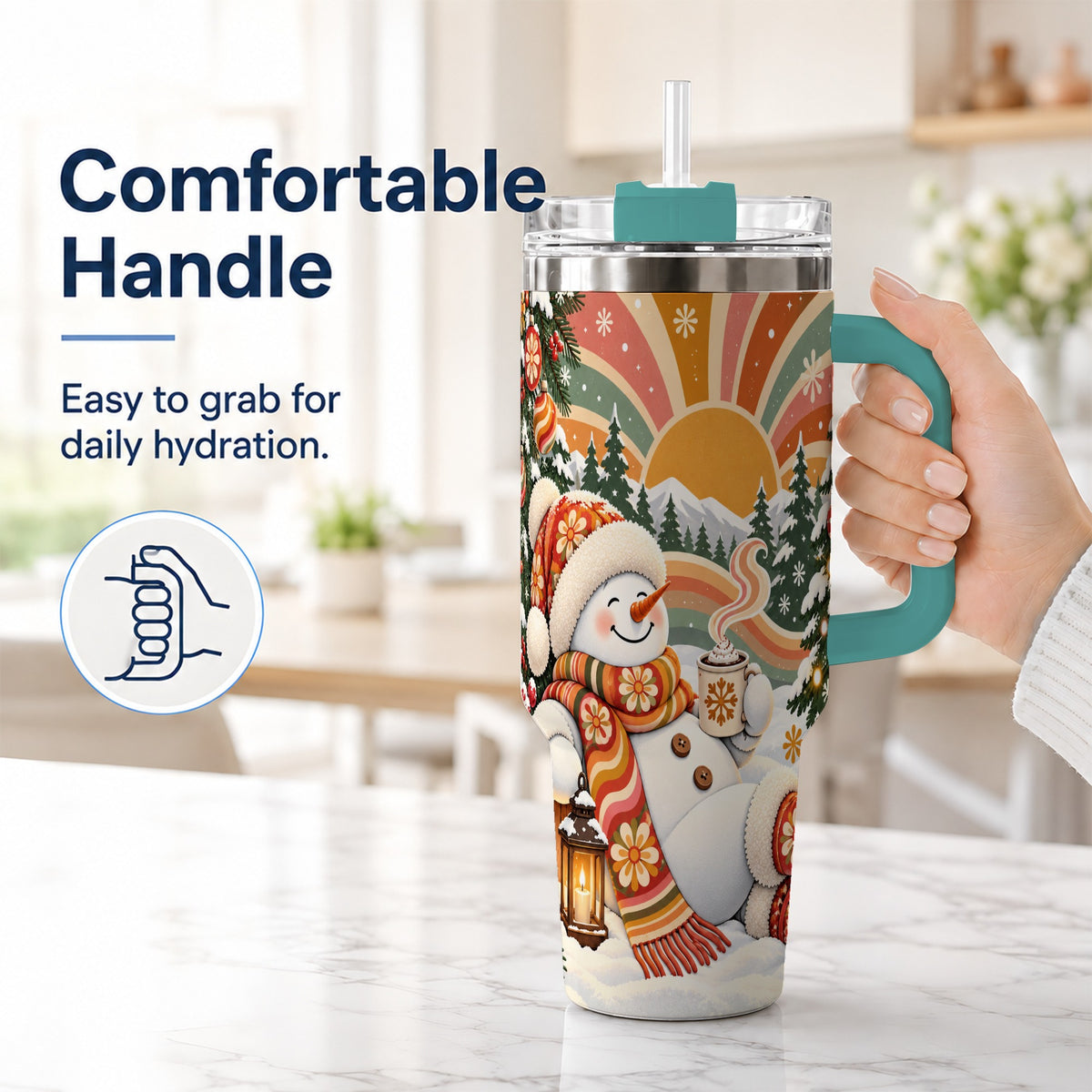 #pl[40oz|Green] Groovy Snowman 40oz Tumbler with Handle, Retro Christmas Travel Cup