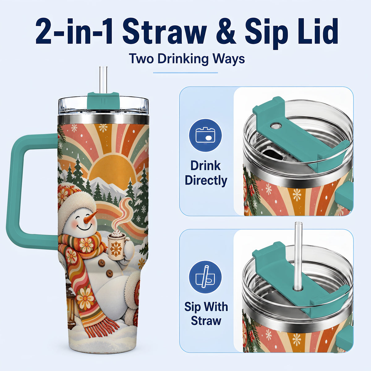 #pl[40oz|Green] Groovy Snowman 40oz Tumbler with Handle, Retro Christmas Travel Cup