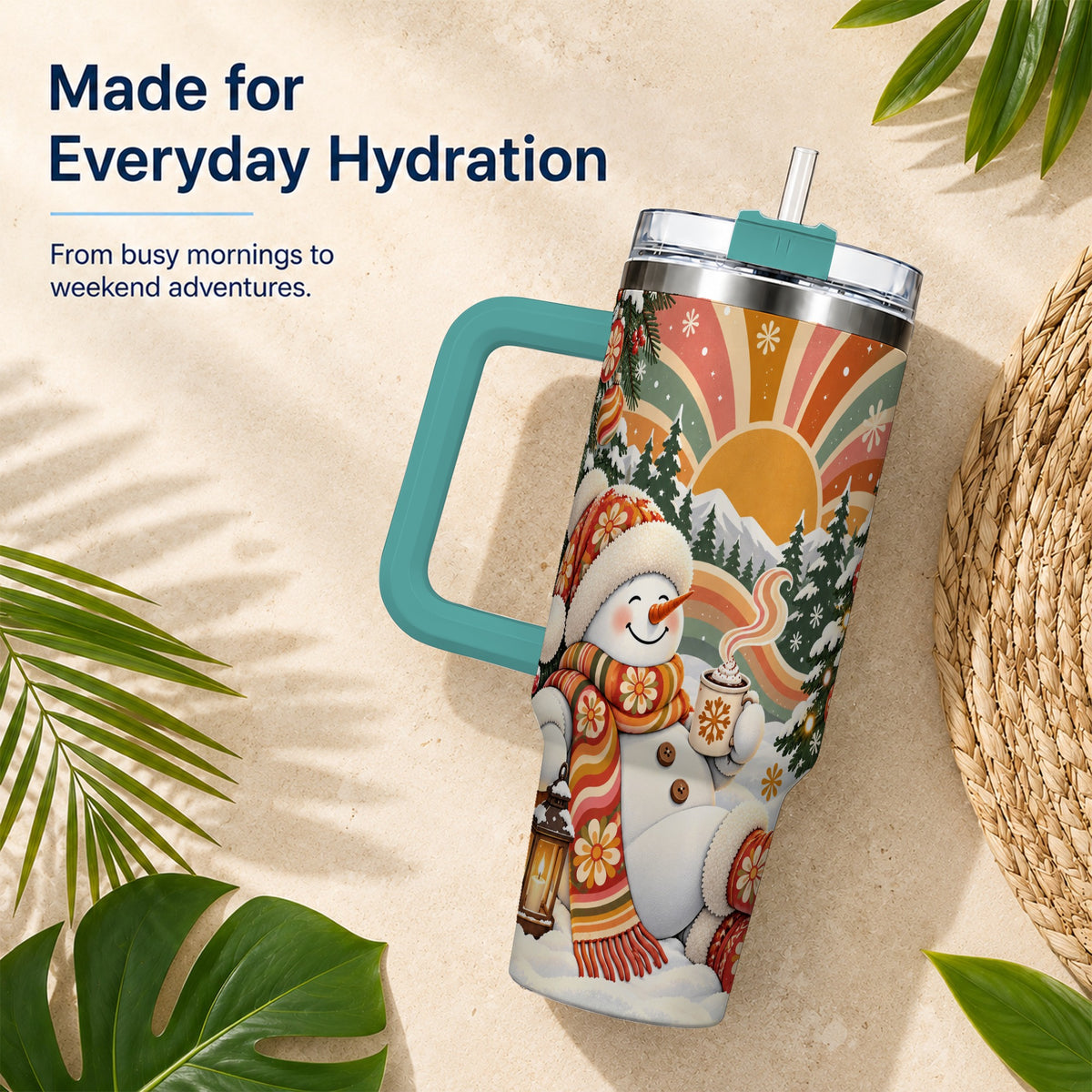 #pl[40oz|Green] Groovy Snowman 40oz Tumbler with Handle, Retro Christmas Travel Cup
