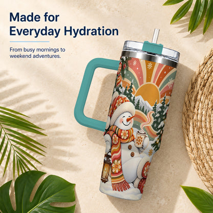 #pl[40oz|Green] Groovy Snowman 40oz Tumbler with Handle, Retro Christmas Travel Cup