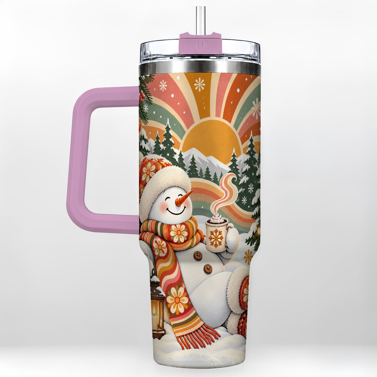 #pl[40oz|Pink] Groovy Snowman 40oz Tumbler with Handle, Retro Christmas Travel Cup
