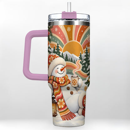 #pl[40oz|Pink] Groovy Snowman 40oz Tumbler with Handle, Retro Christmas Travel Cup