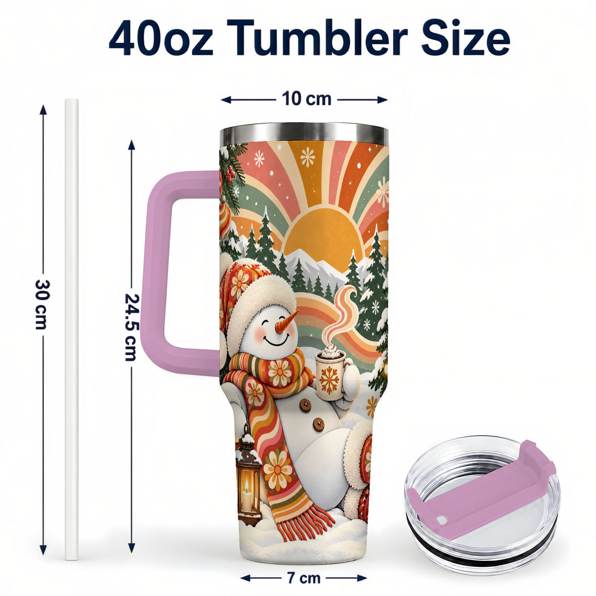 #pl[40oz|Pink] Groovy Snowman 40oz Tumbler with Handle, Retro Christmas Travel Cup