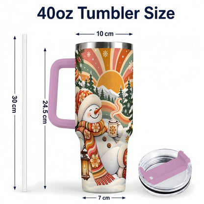 #pl[40oz|Pink] Groovy Snowman 40oz Tumbler with Handle, Retro Christmas Travel Cup
