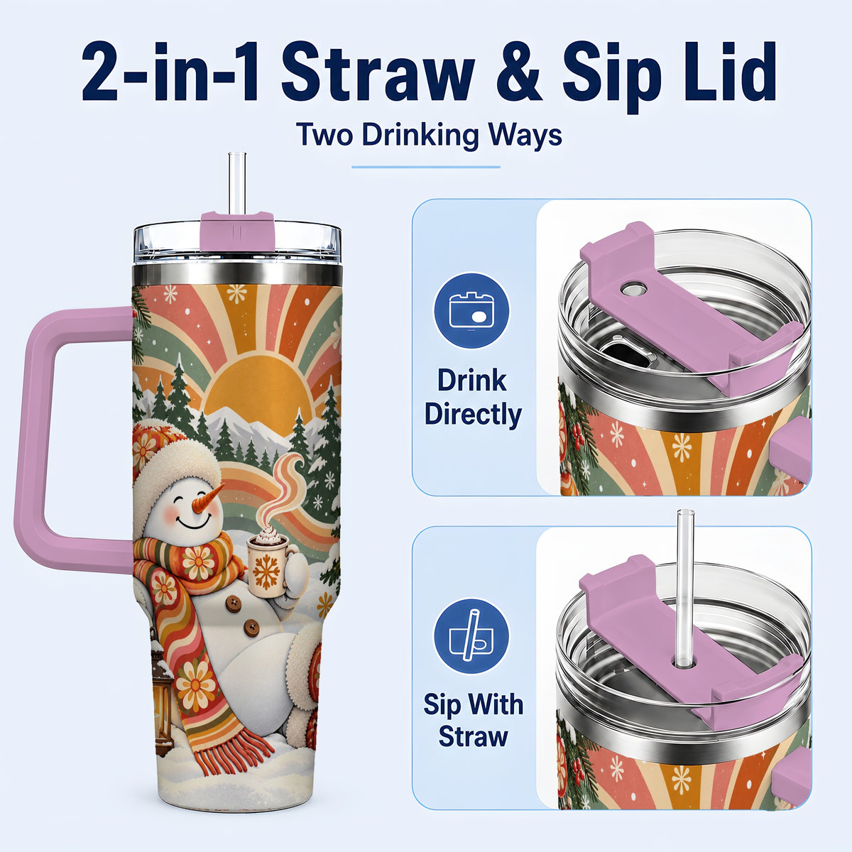 #pl[40oz|Pink] Groovy Snowman 40oz Tumbler with Handle, Retro Christmas Travel Cup