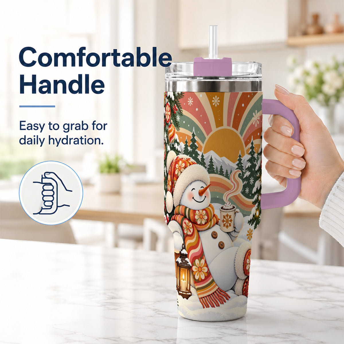 #pl[40oz|Pink] Groovy Snowman 40oz Tumbler with Handle, Retro Christmas Travel Cup