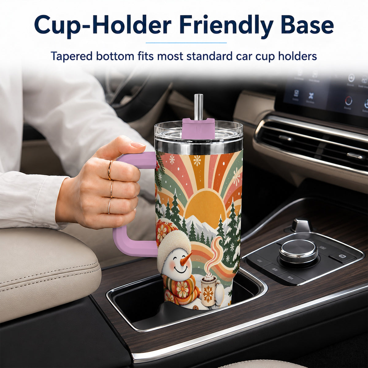 #pl[40oz|Pink] Groovy Snowman 40oz Tumbler with Handle, Retro Christmas Travel Cup