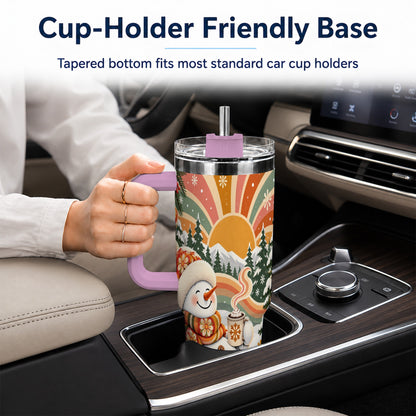 #pl[40oz|Pink] Groovy Snowman 40oz Tumbler with Handle, Retro Christmas Travel Cup