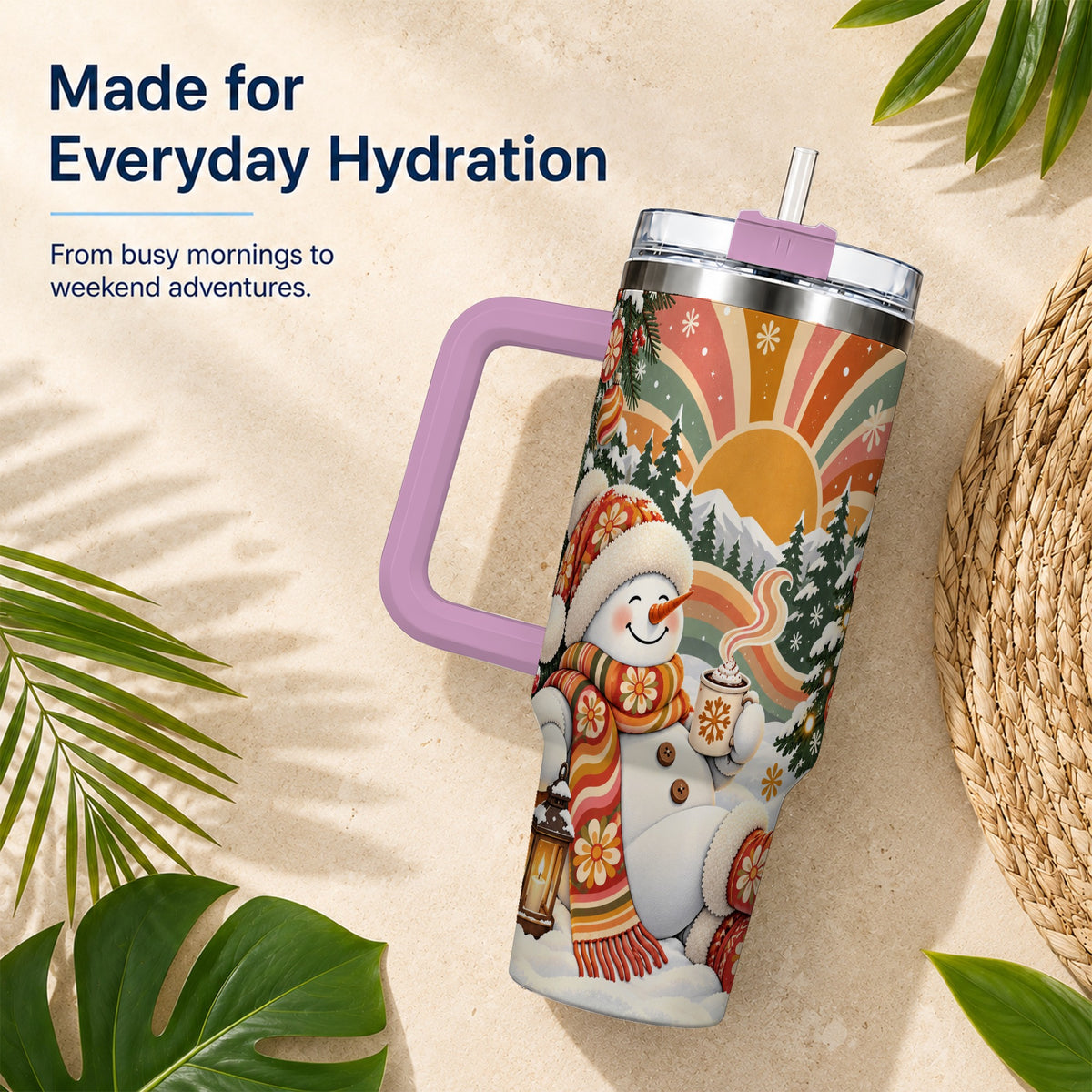 #pl[40oz|Pink] Groovy Snowman 40oz Tumbler with Handle, Retro Christmas Travel Cup