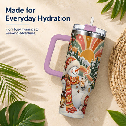 #pl[40oz|Pink] Groovy Snowman 40oz Tumbler with Handle, Retro Christmas Travel Cup
