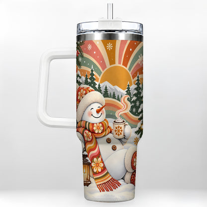 Groovy Snowman 40oz Tumbler with Handle, Retro Christmas Travel Cup