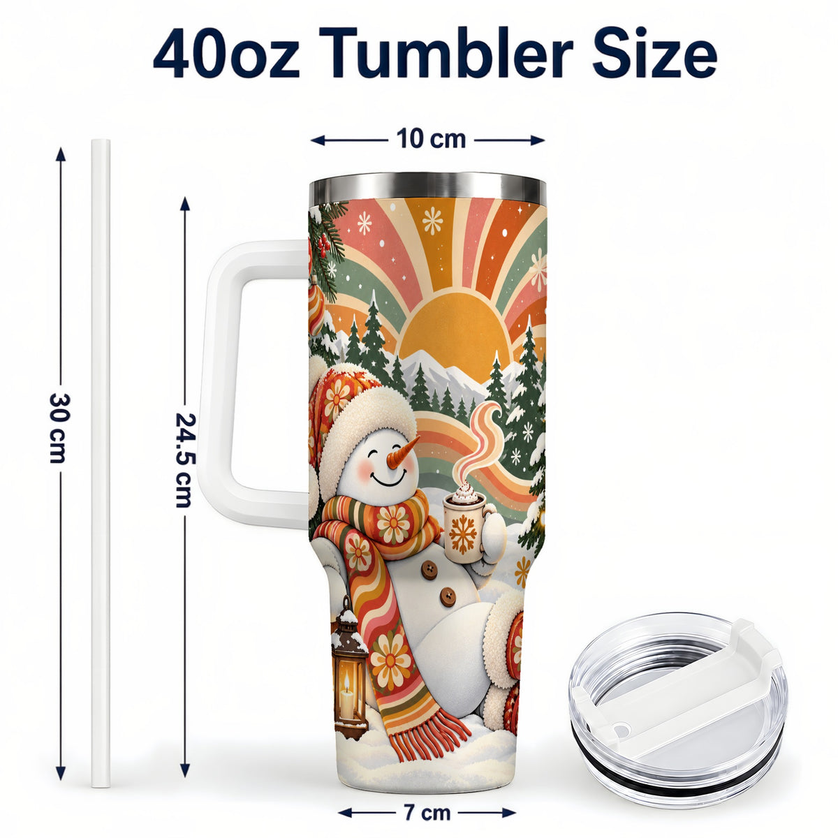 #pl[40oz|White] Groovy Snowman 40oz Tumbler with Handle, Retro Christmas Travel Cup