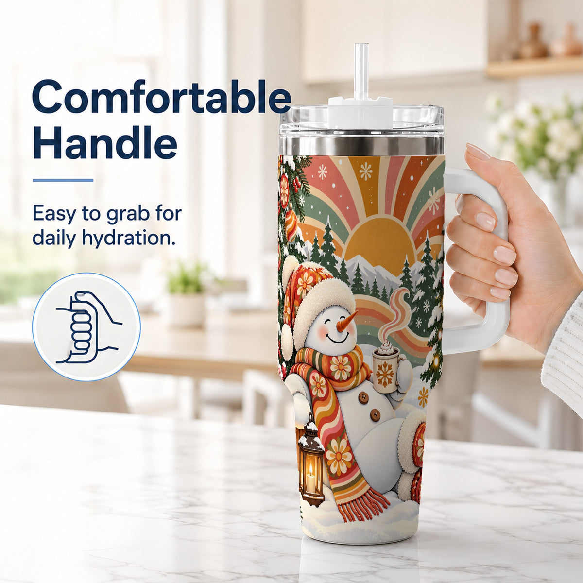 #pl[40oz|White] Groovy Snowman 40oz Tumbler with Handle, Retro Christmas Travel Cup
