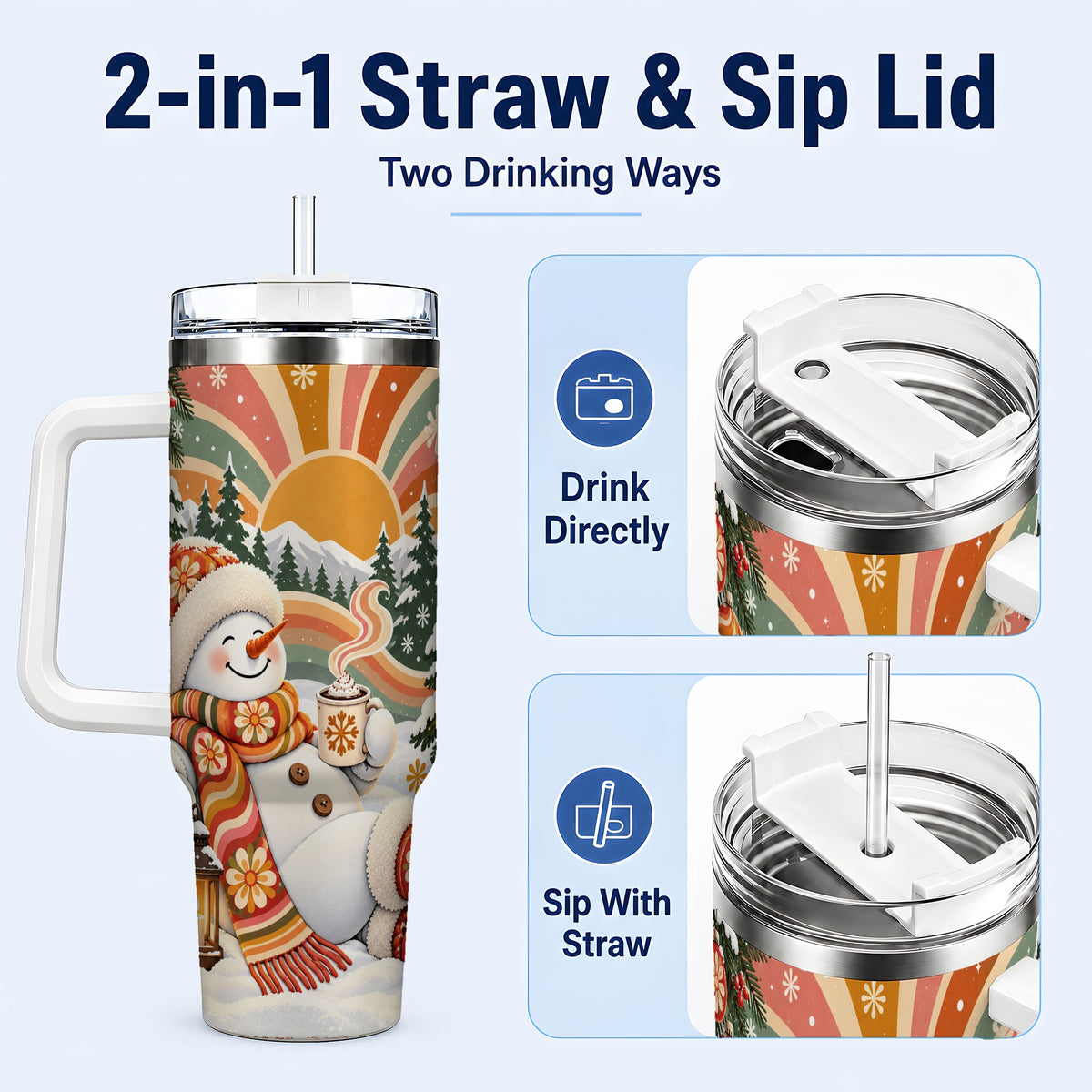 #pl[40oz|White] Groovy Snowman 40oz Tumbler with Handle, Retro Christmas Travel Cup
