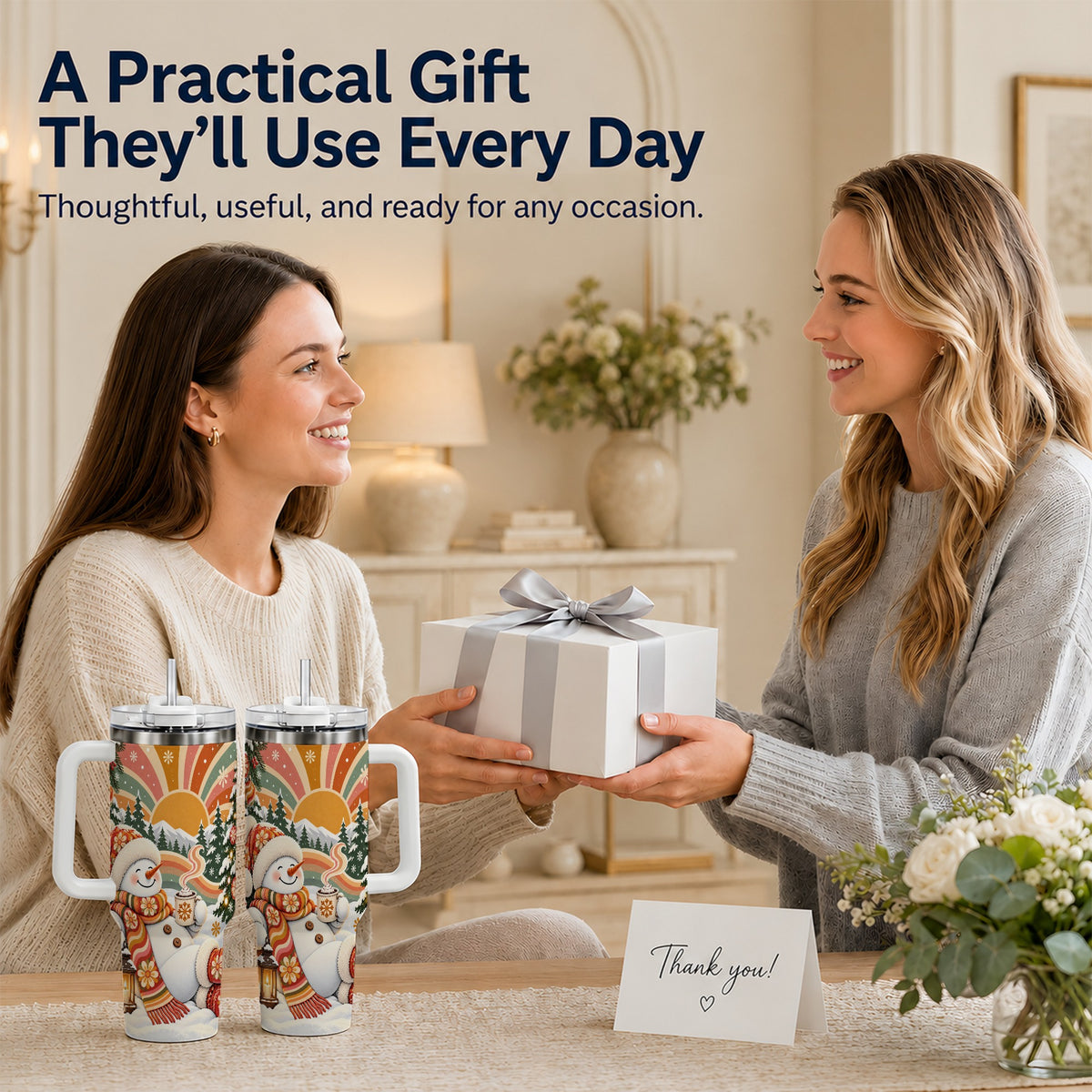 #pl[40oz|White] Groovy Snowman 40oz Tumbler with Handle, Retro Christmas Travel Cup