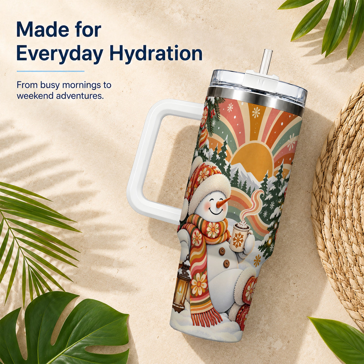 #pl[40oz|White] Groovy Snowman 40oz Tumbler with Handle, Retro Christmas Travel Cup