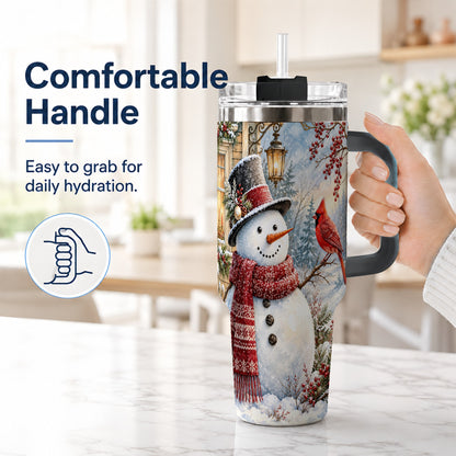#pl[40oz|Black] Snowman Cardinal 40oz Tumbler with Handle, Winter Bird Travel Cup