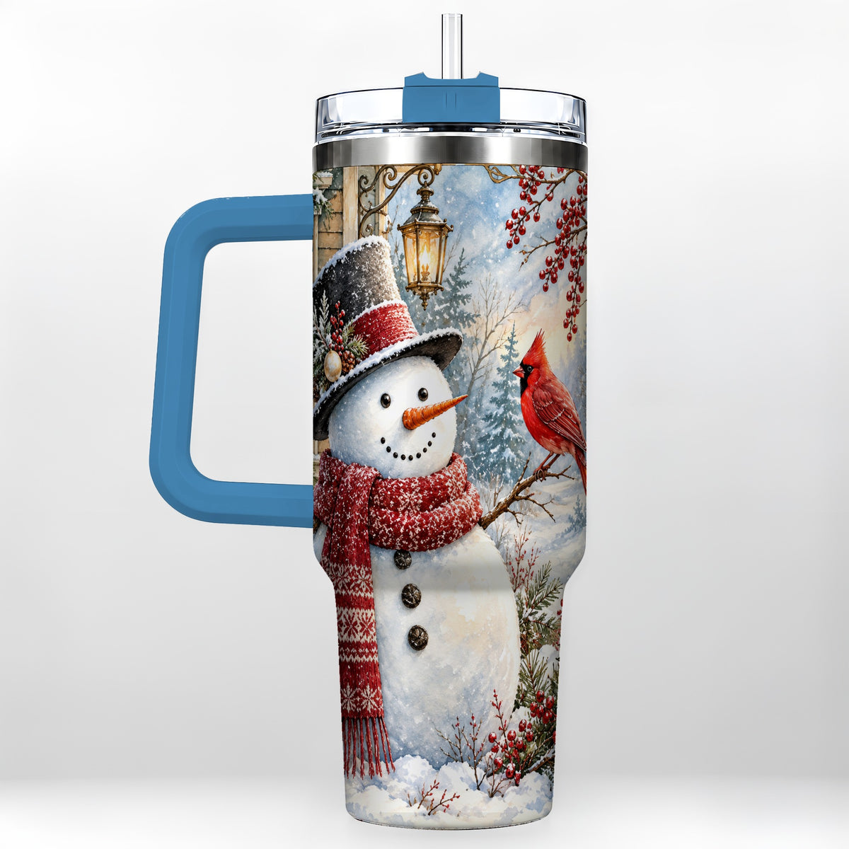 #pl[40oz|Blue] Snowman Cardinal 40oz Tumbler with Handle, Winter Bird Travel Cup