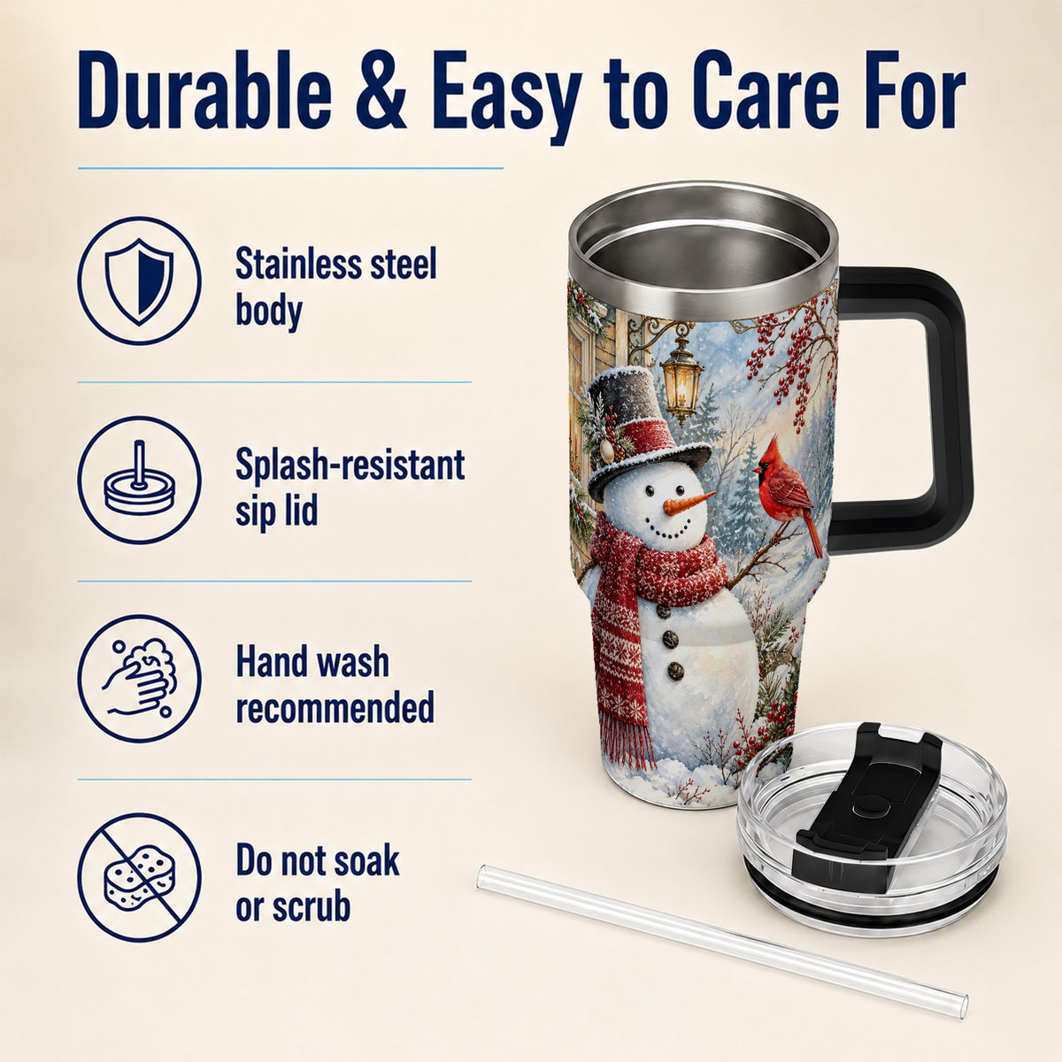 #pl[40oz|Black] Snowman Cardinal 40oz Tumbler with Handle, Winter Bird Travel Cup