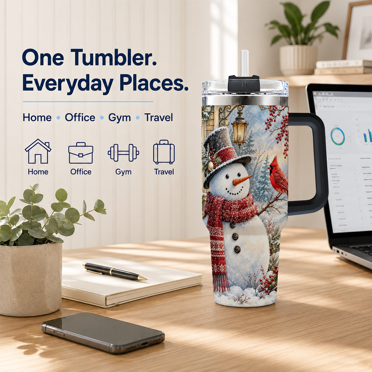 #pl[40oz|Black] Snowman Cardinal 40oz Tumbler with Handle, Winter Bird Travel Cup
