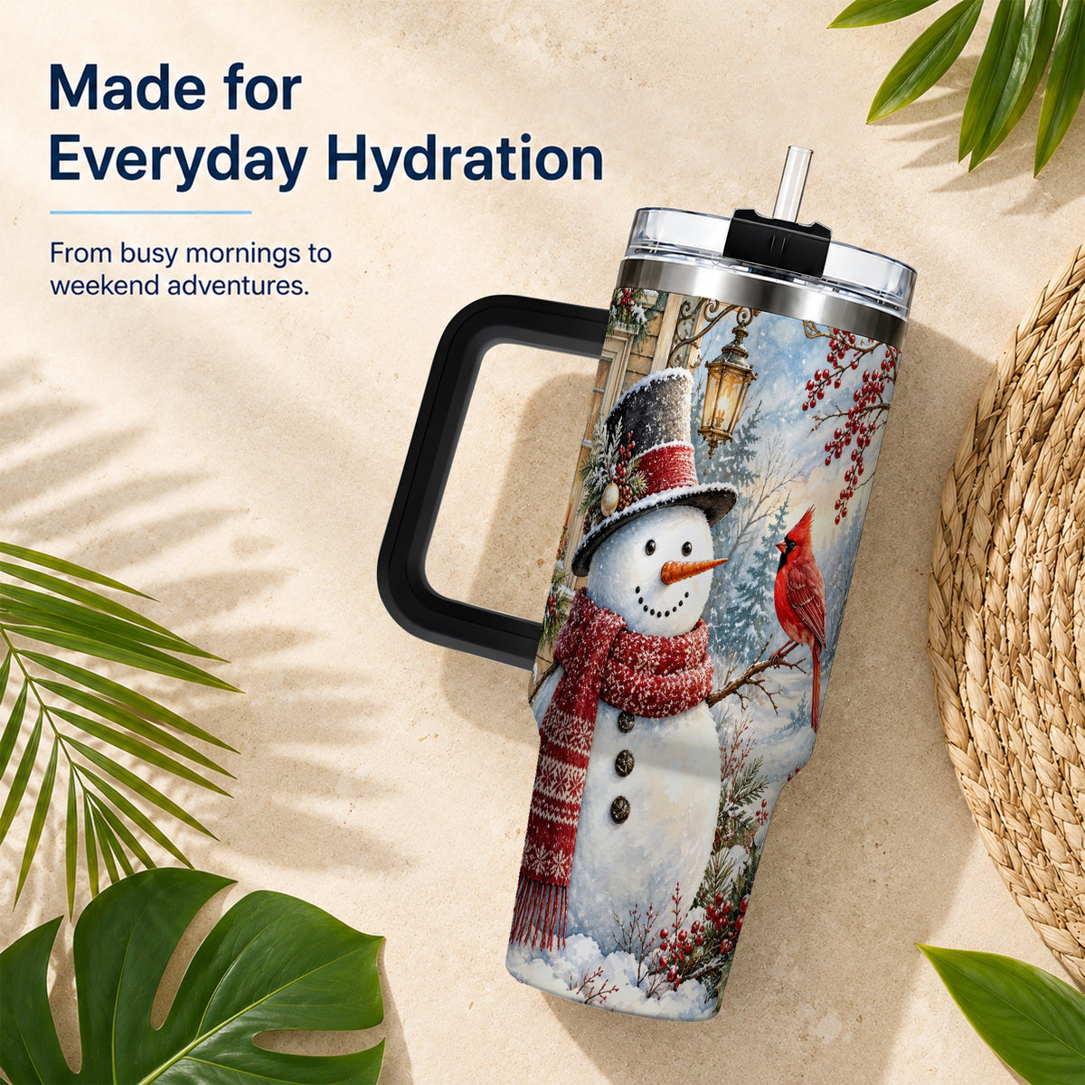 #pl[40oz|Black] Snowman Cardinal 40oz Tumbler with Handle, Winter Bird Travel Cup