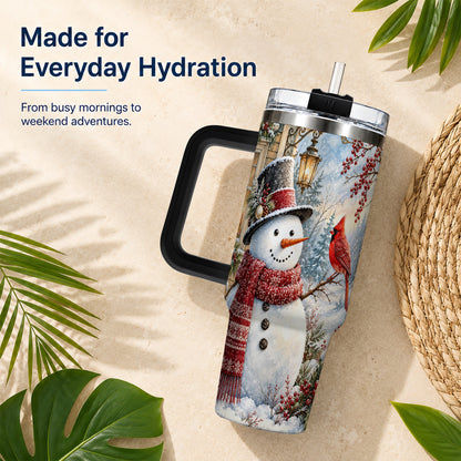 #pl[40oz|Black] Snowman Cardinal 40oz Tumbler with Handle, Winter Bird Travel Cup