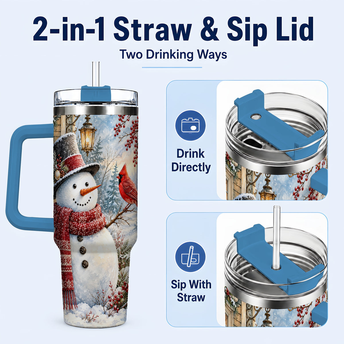 #pl[40oz|Blue] Snowman Cardinal 40oz Tumbler with Handle, Winter Bird Travel Cup