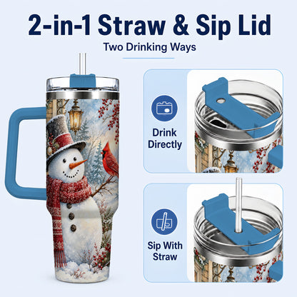 #pl[40oz|Blue] Snowman Cardinal 40oz Tumbler with Handle, Winter Bird Travel Cup